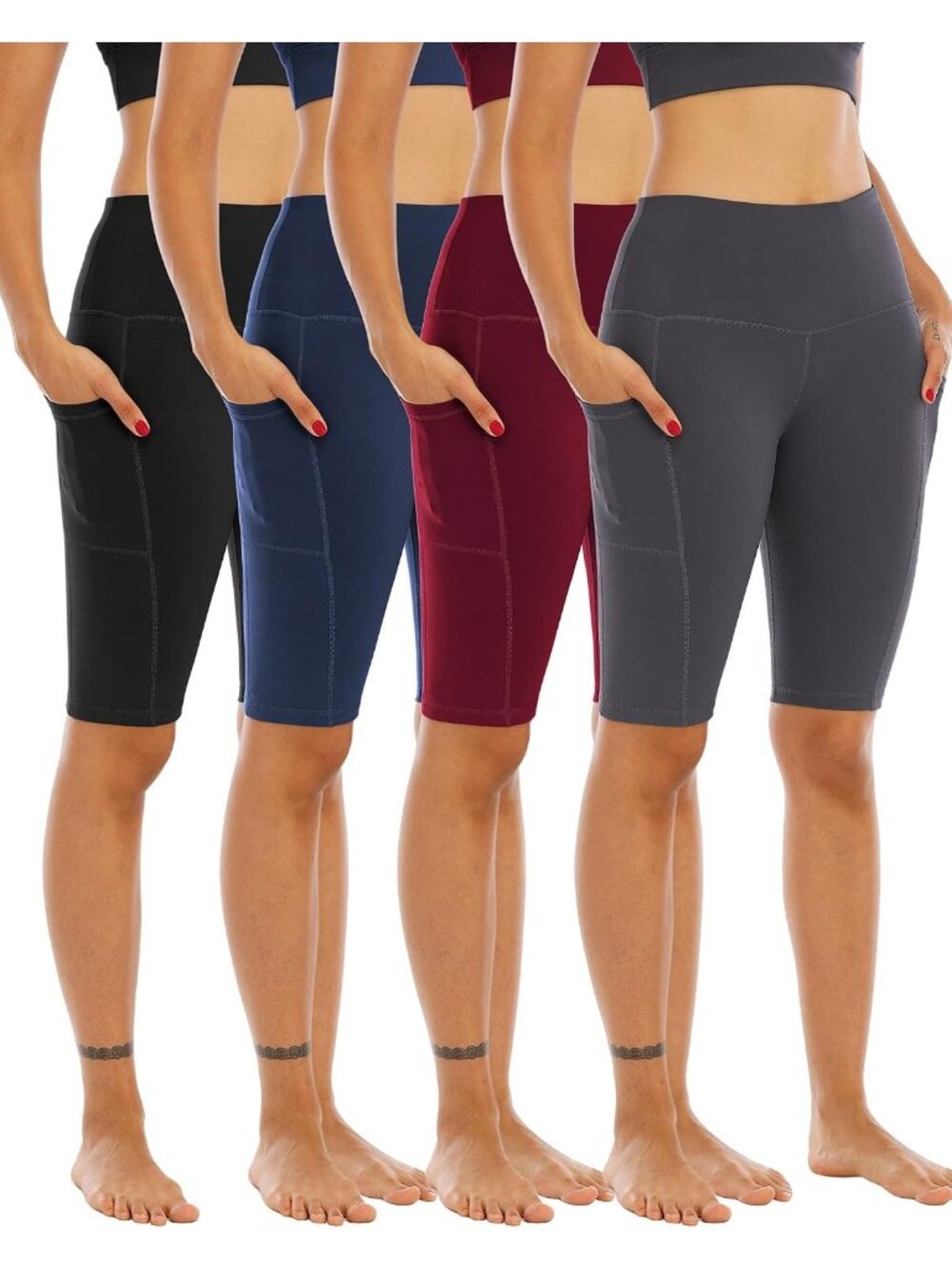 High Waisted Biker Yoga Shorts for Women - 4 Pack, Tummy Control, Pockets